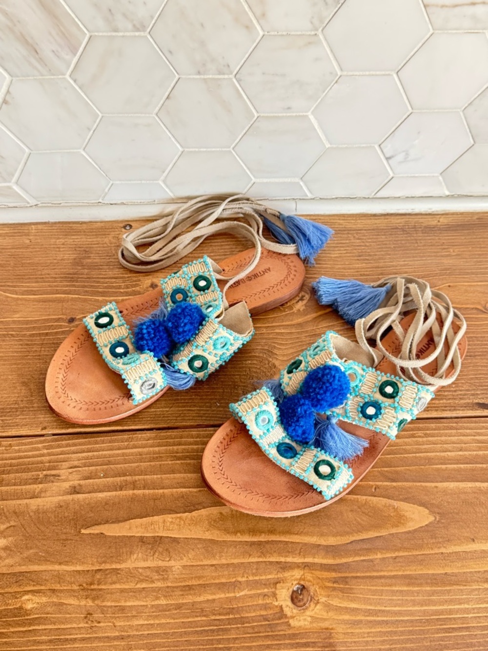 Antik Batik Klarine Boho Embellished Blue Pom-Pom Lace-Up Sandals